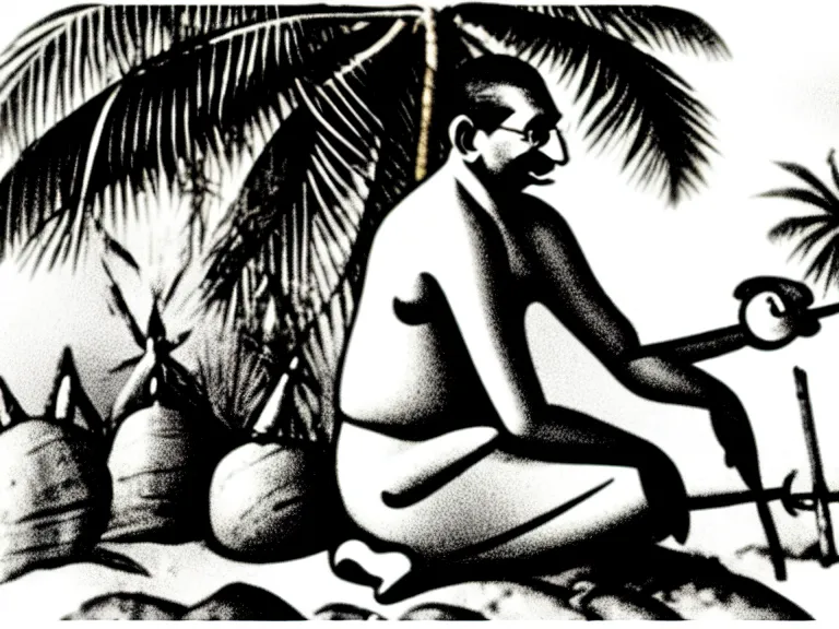 Image similar to side view of gandhi holding a cigar, sitting on a beach, next to a campfire, with palm trees and different types of beach animals parrot turtle lizard crab coconuts in the back