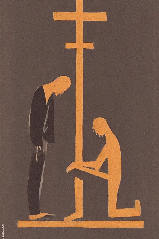 Image similar to man kneeling at the base of a wooden cross, 1960’s minimalist advertising illustration, painterly