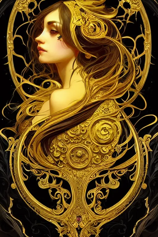 Image similar to beautiful black yellow, complicated gold baroque style decoration, dark fantasy, intricate, elegant, highly detailed, digital painting, artstation, concept art, matte, sharp focus, illustration, octane rendered, art by artgerm and alphonse mucha, leesha hannigan, ross tran