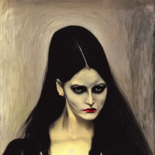 Prompt: A beautiful painting of a lady vampire, victorian, dracula, ominous, oil on canvas, photorealism, edvard munch, Johann Heinrich Füssli, irwin penn, high definition, soft light