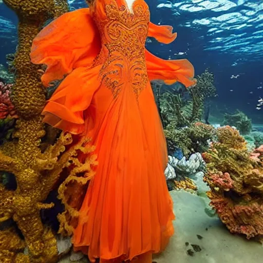 Prompt: a beautiful flowy intricate ornate orange gown underwater, wistful, fantasy