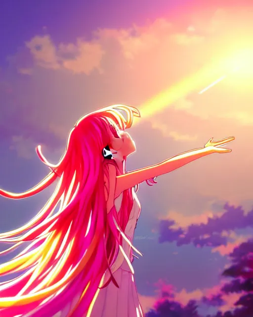 Prompt: anime style, vivid, colorful, full body, a cute girl with white skin and long pink wavy hair singing a song, heavenly, stunning, realistic light and shadow effects, happy, centered, landscape shot, happy, simple background, studio ghibly makoto shinkai yuji yamaguchi