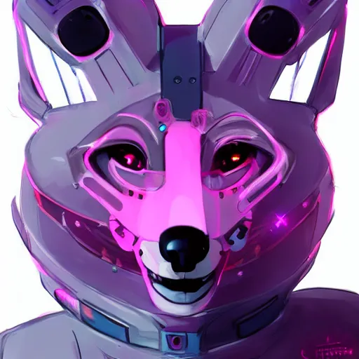 Prompt: digital art artstation, pixiv, portrait of a robotic fox with cybernetic body with pink hair, character fursona furry, furaffinity