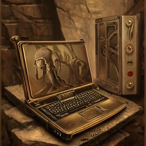 Image similar to Portable computer in ancient time, highly detailed, highly realistic, artstation, by Hans Giger