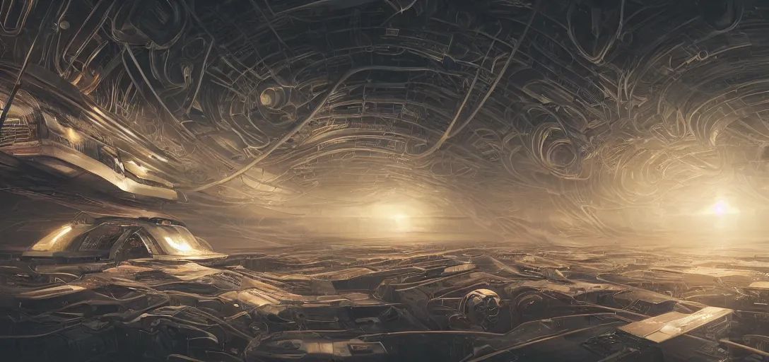 Image similar to realistic cinematic sci - fi mothership interior or exteror - machinery, tubes wires path intricate matte painting masterpiece warm tones quiet