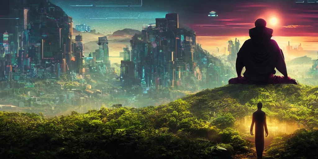 Prompt: a cinematic composition depicting : a computer run cyberpunk civilization encroaching on a solarpunk world, on top of the mountain a monk is in a lotus pose overlooking a hopeful and lush foresty solarpunk valley at sunrise