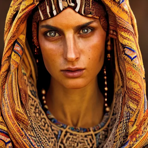 Image similar to portrait of a stunningly beautiful middle eastern tribal female, depth of field, zeiss lens, detailed, symmetrical, centered, fashion photoshoot, by Annie Leibovitz and Steve McCurry, David Lazar, Jimmy Nelsson, Breathtaking, 8k resolution, extremely detailed, beautiful, establishing shot, artistic, hyperrealistic, beautiful face, octane render