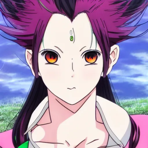 Prompt: full body Portrait in Koyoharu Gotouge animation style Anime Character that looks like Mitsuri Kanroji, Pink hair with green highlights on the end, young attractive female, large anime eyes, symmetrical features, beauty marks on each cheek,