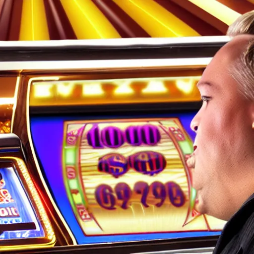 Prompt: fat blonde man losing money on a slot machine