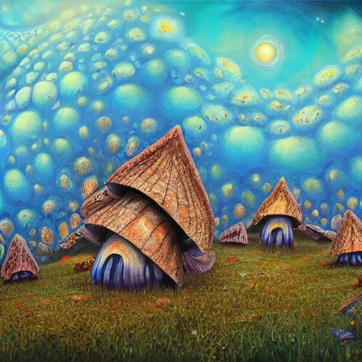 Prompt: mushroom houses spiraling into infinity, abomination, oil painting, highly detailed, 4 k