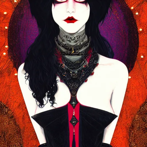 Prompt: regal vampiric woman with black hair, hyper detailed, digital art, trending in artstation, cinematic lighting, art style by klimt