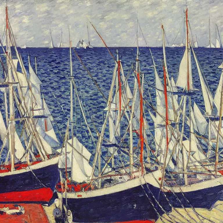 Prompt: a master gouache painting of a group of ships docked at the harbor, group mass composition, shape obvious, sharp focus, very detaied, by gustave caillebottet