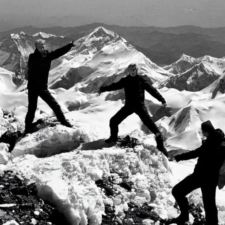 Prompt: historic photo of Donald Trump doing the macarena on top of mount everest.