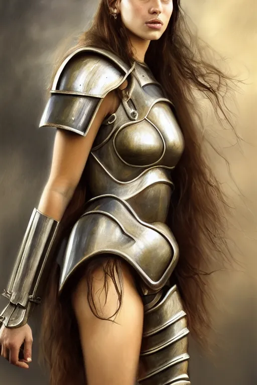 Image similar to a photorealistically painted portrait of an attractive young girl, partially clothed in metal-plated battle armor, with an abstractly painted background, flawless olive skin, fair complexion, long dark hair, beautiful bone structure, perfectly symmetric facial features, perfect photorealistic eyes, natural physique, intricate, elegant, digital painting, concept art, finely detailed, beautifully illustrated, sharp focus, minimal artifacts, volumetric lighting, from DOOM and Halo, by Ruan Jia and Mandy Jurgens and Artgerm and William-Adolphe Bouguerea, in the style of Greg Rutkowski, trending on Artstation, award winning art