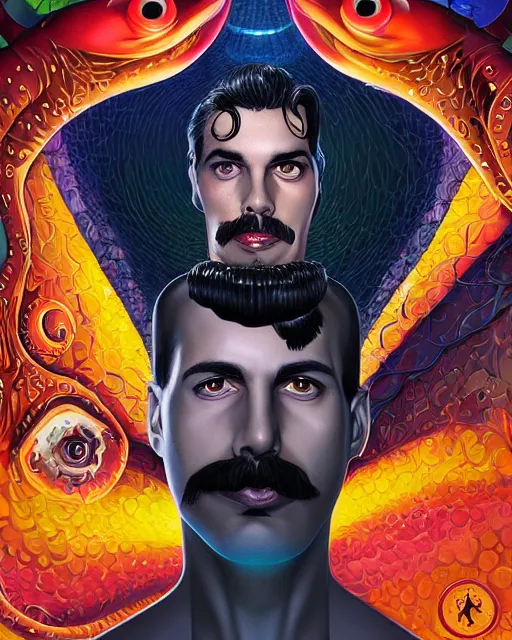 Image similar to lovecraftian portrait of freddie mercury, pixar style, by tristan eaton stanley artgerm and tom bagshaw