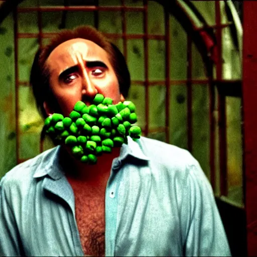 Prompt: nicolas cage trapped in a wicker cage with peas on his face, screaming, movie still, hdr