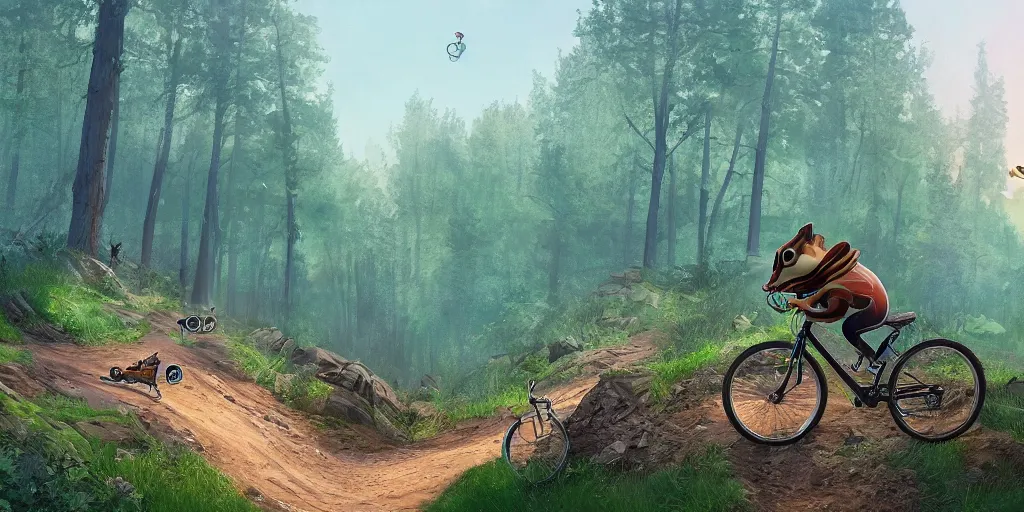 Image similar to A chipmunk riding a bike down a hill. Detailed digital matte painting in the style of simon stalenhag