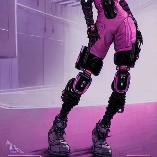 Image similar to cyberpunk mechanic lady in a jumpsuit with robotic feet. pink and black color scheme. concept art by james gurney and mœbius. apex legends character art. gorgeous face.