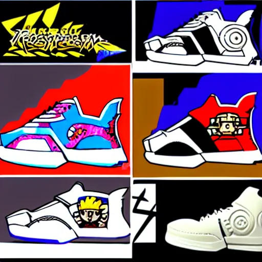 Image similar to fantasy jrpg sneaker design designed by capcom megaman, chrono trigger guilty gear sneaker styles, aztec mayan street fashion native punk sneaker design, focus on megaman hip hop sneaker design with subtle mayan patterns, trending on pixiv fanbox, painted by akira toriyama and studio ghibli princess mononoke megaman capcom