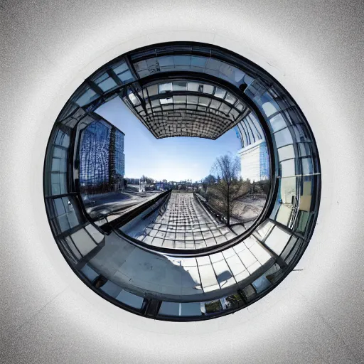 Prompt: architectural rendering of non-euclidean geometry hyberbolic fisheye street corner, surreal grunge