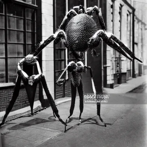 Image similar to giant spiders wearing suits on the streets of london, 1930s photograph