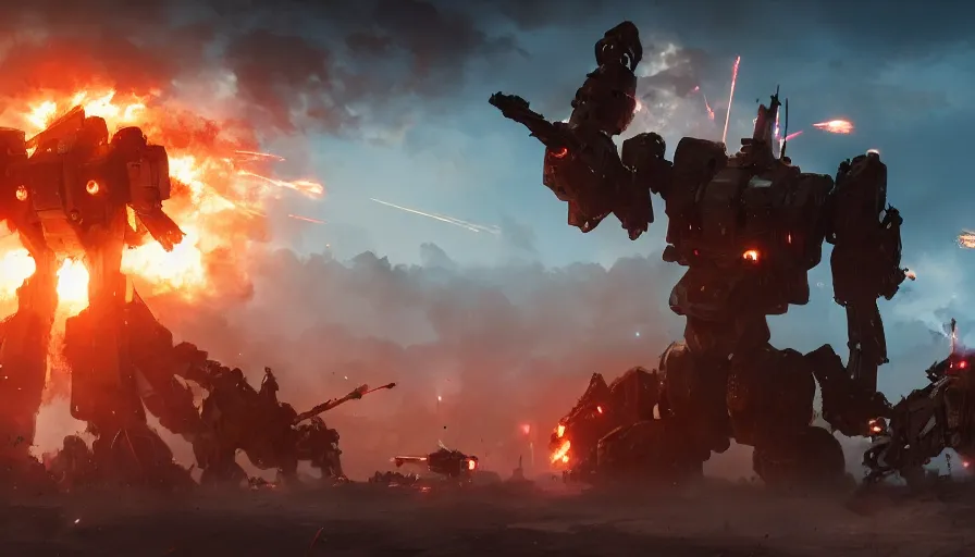 Image similar to Cinematic view of a battlefield with troops firing at giant mecha with missiles, explosions, ashes on the field and fire in the background, hyperdetailed, artstation, cgsociety, 8k