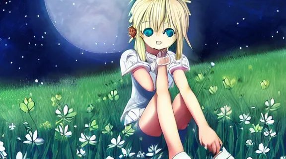 Image similar to Lucy Heartfilia sitting in a field of Clover | Big Moon at Night | GLOWING FLOWERS | strong blue rimlit | visual-key | anime illustration | highly detailed | in the style of Anmi