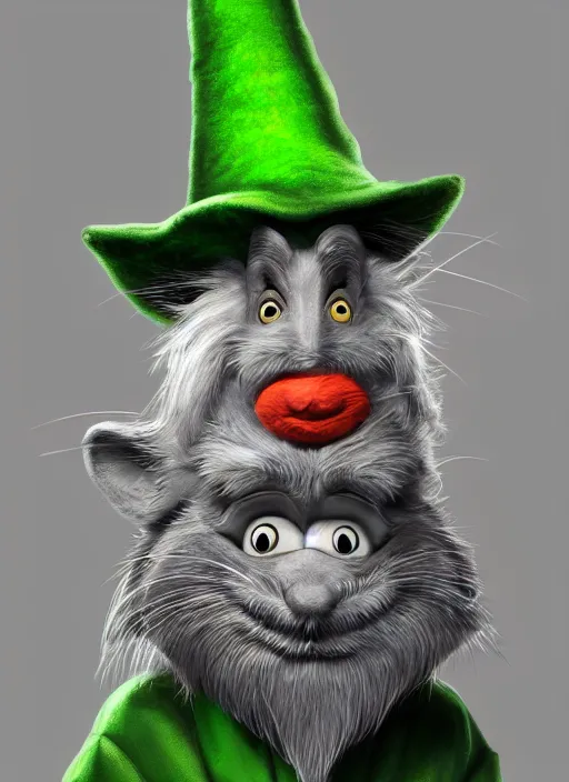 Image similar to anthropomorphic rat with human eyes and a gray beard, wearing jewelry, tricorne hat, green robe, d & d, digital art, detailed face, highly detailed, trending on artstation, realistic, studio lighting, drawn by dr. seuss