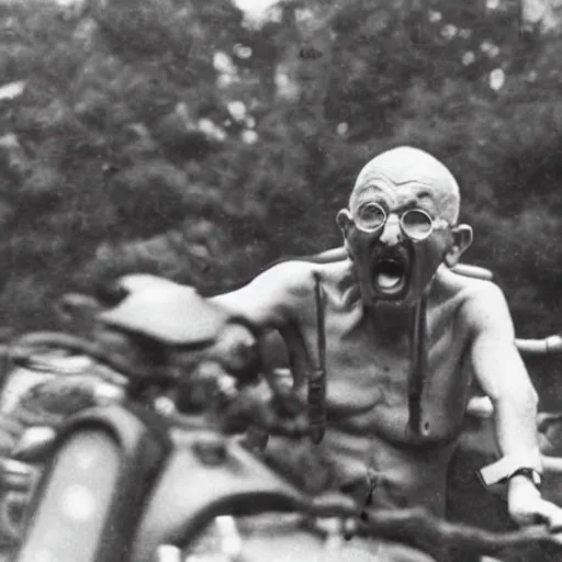 Prompt: gandhi screaming on a motorcycle