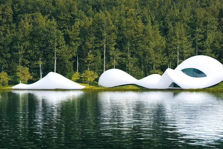 Image similar to a building formed by many white bubble shaped spaces arranged and combined, on the calm lake, people's perspective