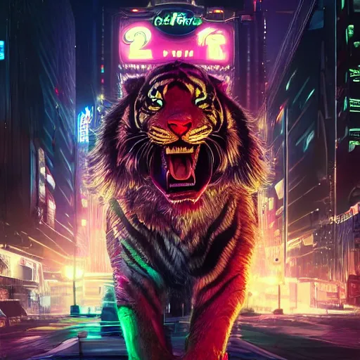 Image similar to a beautfiul award winning commission portrait of an anthro tiger in the neon cyberpunk city at night,wearing a leather jacket,glow effect,detailed face,photorealistic,character design by charles bowater,ross tran,deviantart,artstation,digital art,hyperdetailed,realistoc,western comic style,vfx,dramatic