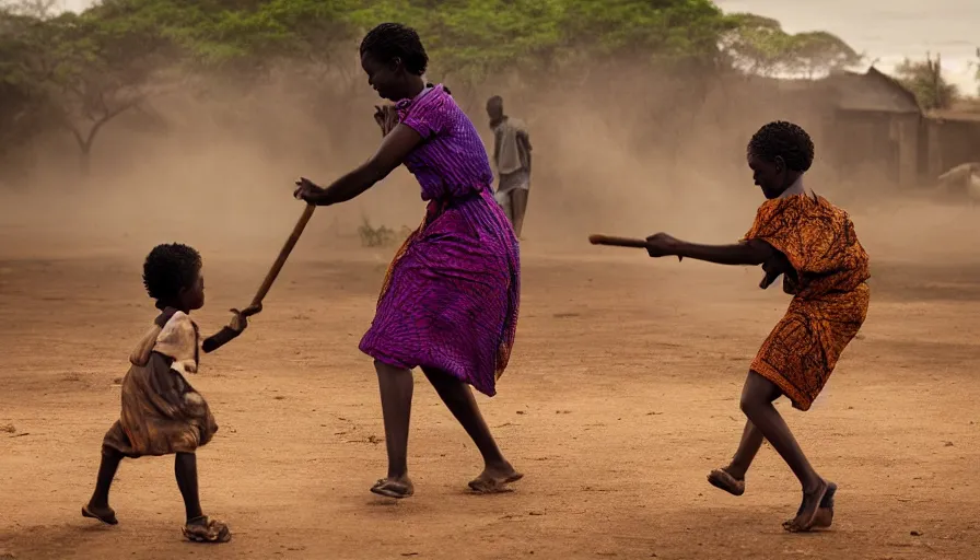 Image similar to an african mom beating her child, intricate details, dramatic light, establishing shot