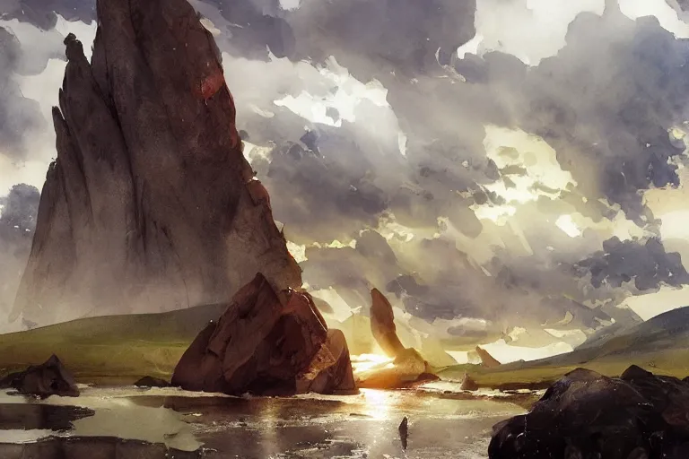 Image similar to watercolor painting of scandinavian mythology, magical, ambient lighting, art by hans gude, art by hans dahl, by jesper ejsing, art by anders zorn, wonderful masterpiece by greg rutkowski, cinematic light, american romanticism by greg manchess, creation by tyler edlin, heavy clouds and sun