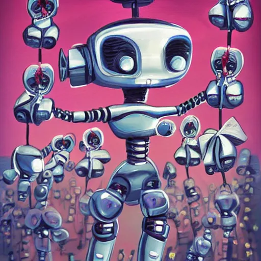 Image similar to robotic cheerleaders, pop surrealism, lowbrow, realistic, dystopian athmosphere