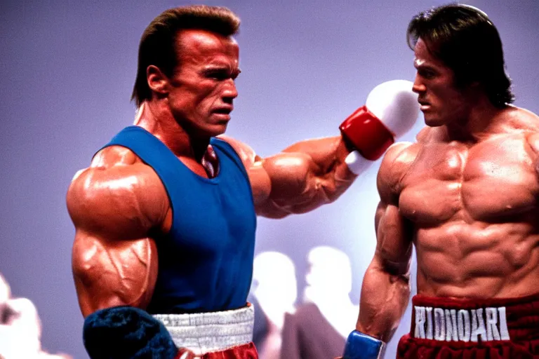 Image similar to film still of Arnold Schwarzenegger as Rocky in Rocky IV, 8k,