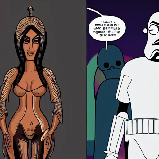 Image similar to kim kardashian in star wars with the beatles and bird person from rick and morty simpsons style high detail