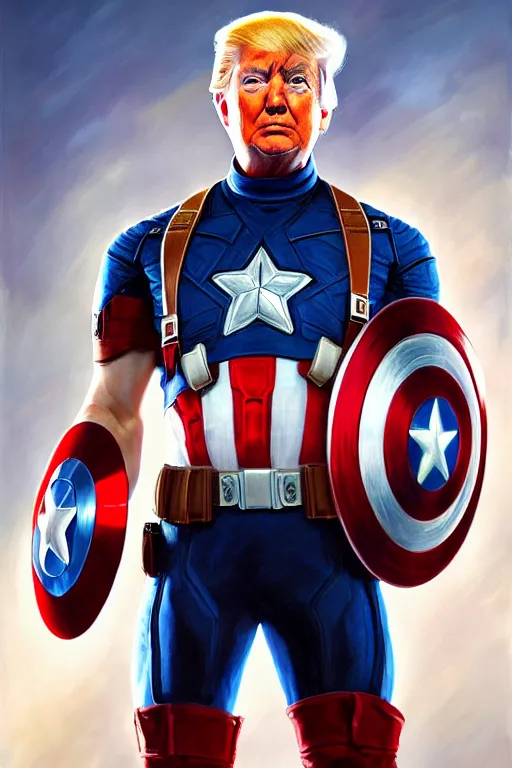 Image similar to hyperrealistic full body concept art of Donald Trump as Captain America, oil on canvas, in the style of J.C. Leyendecker, Ross Tran and WLOP, 4k, smooth, sharp focus, extremelydetailed