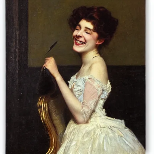 Prompt: young victorian lady laughing, painted by alfred stevens