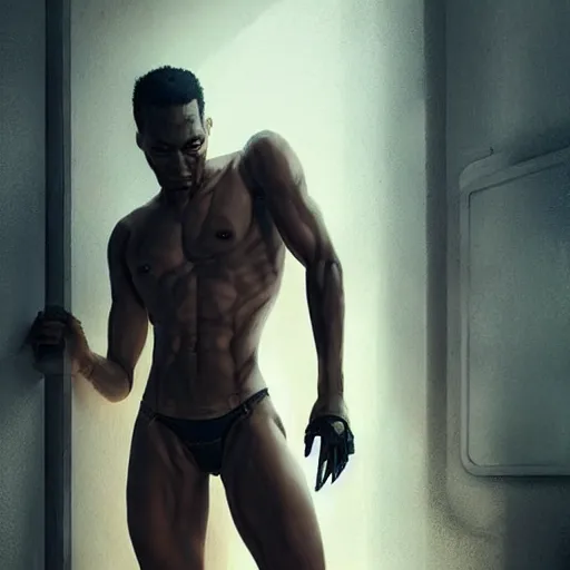 Prompt: black male cyborg body modifications hd greg rutkowski calvin klein underwear advertisement low perspective!