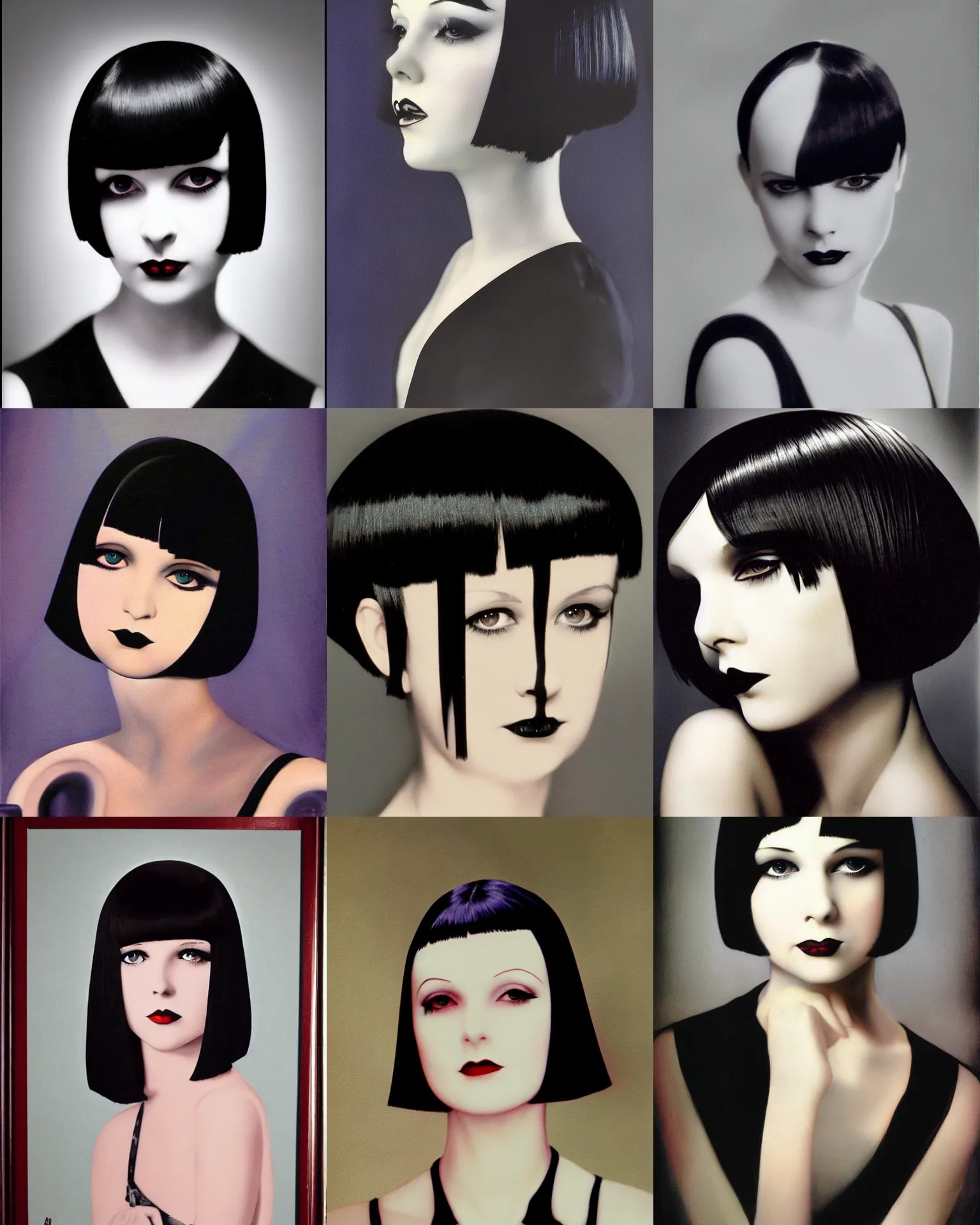 Prompt: goth girl, mary louise brooks 2 0 years old, bob haircut, portrait by cliff ruddell, duo tone, art deco, air brush, back lit