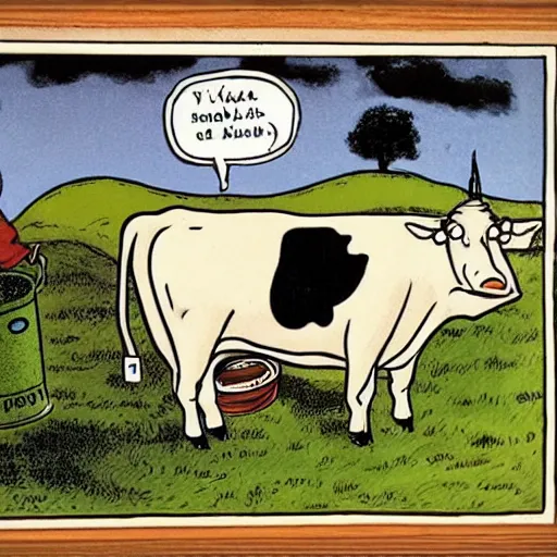 Image similar to a cow points at a bucket, a farmer stands nearby, illustrated by gary larson