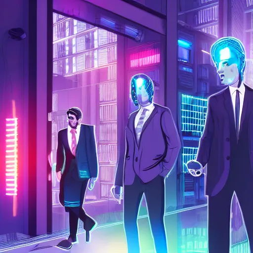 Image similar to two cyberpunk businessmen, detailed digital illustration, nighttime, colorful lighting, android netrunner