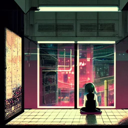 Image similar to cyberpunk girl sitting inside an empty store being looked at through the window in the style of satoshi kon, soft anime illustration, dark neon colors, soft ambience, beautiful composition, backlit, lots of details