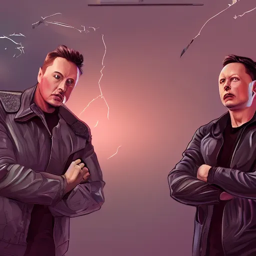 Image similar to !dream Elon musk standing with Giga chad , digital art , trending on artstation , Hyperdetailed , CGSociety