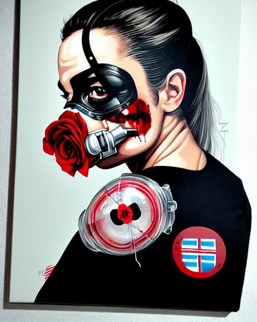 Prompt: portrait of a rogue agent wearing oxygen mask, has blood, rose, a pistol and a syringe needle with sea background intricate details with horror side profile by Sandra Chevrier