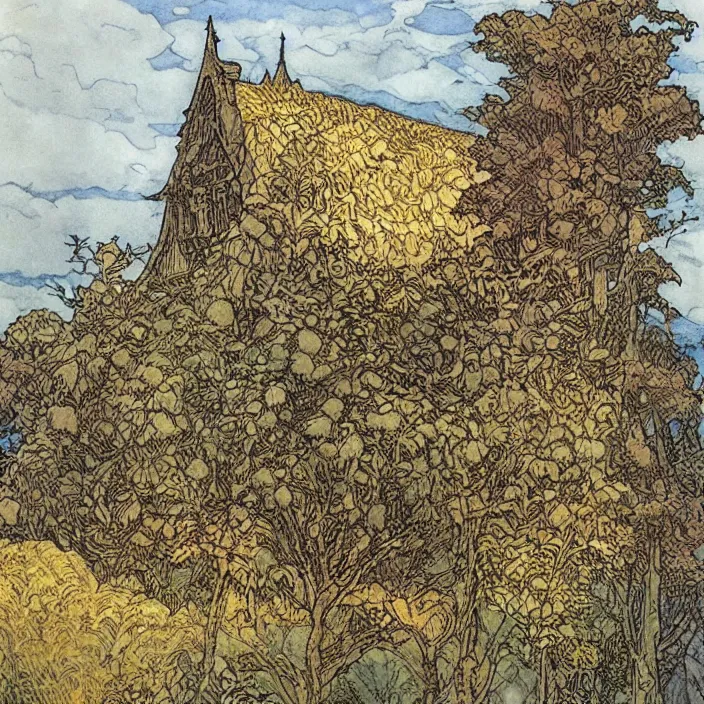 Image similar to a building in a landscape, by rebecca guay