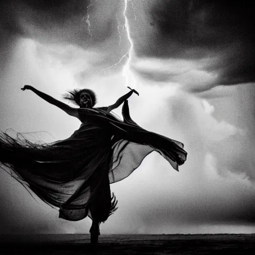 Image similar to wild woman dancing in an epic storm with lightning, fire, creepy shadows, Tim Burton, black and white photograph, 40mm, hyper detailed, 8k, clear,