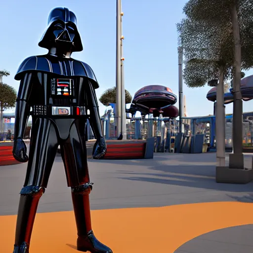 Prompt: darth vader playing bumper cars in a theme park, 3 d render, blender, unreal engine, unity, zbrush