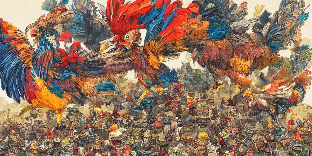 Prompt: colorful illustration of a million fighting roosters, mix of styles, dieselpunk, intricate, highly detailed