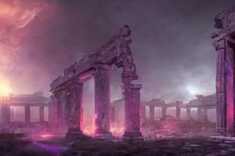 Image similar to mysterious ancient temple ruins at dusk with some lightparticles in the air, digitalart, Jonas De Ro style, purple dark colors, artstation